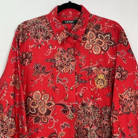Lauren Ralph Lauren Womens Red Paisley Sleep Shirt Chest Gold Emblem Sz L Prepp - Picture 4 of 12